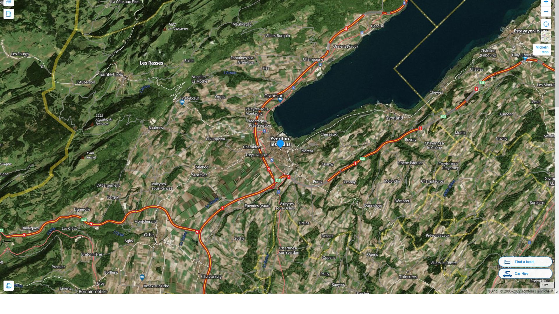 Yverdon les Bains Suisse Autoroute et carte routiere avec vue satellite